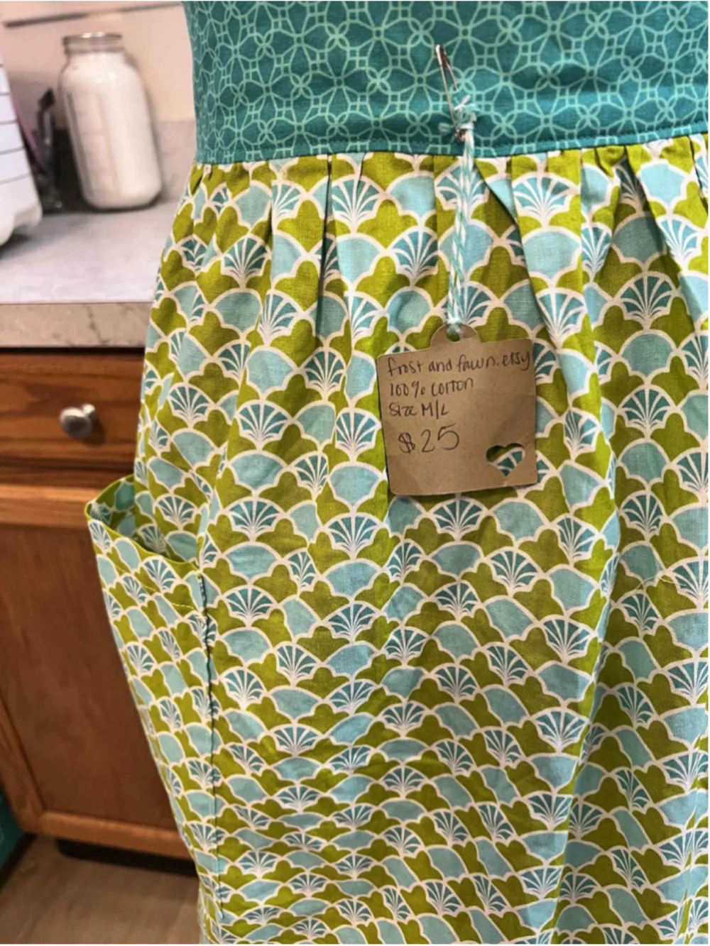 Handmade Cotton Apron Green & Aqua Retro Fan Print Kitchen Apron M/L New Pockets